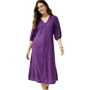 J.Jill Seamed Button Front Retro Linen Blend Puff Sleeve Midi Dress Purple Small